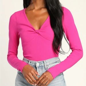 Lulus | Always Trending Hot Pink Ribbed Top (M)